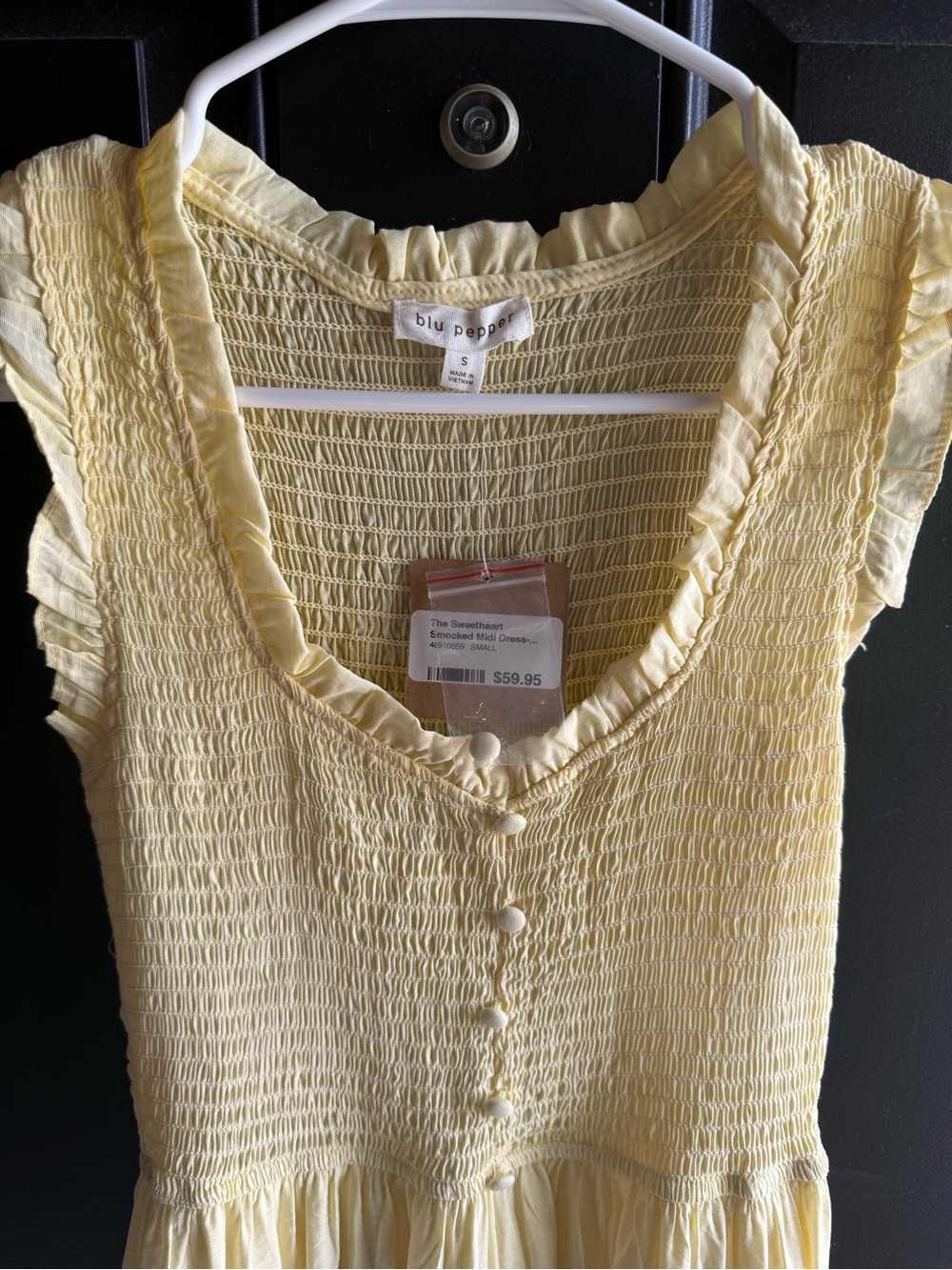 NWT butter-yellow smocked midi dress featuring a sweetheart neckline Size Small - Picture 5 of 14